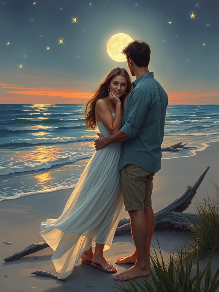 Romantic Beach Embrace in Dreamy Artistic Style