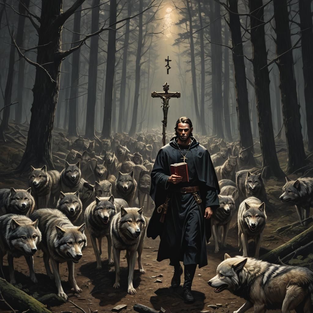 Sinister Priest in Dark Woods with Wolves