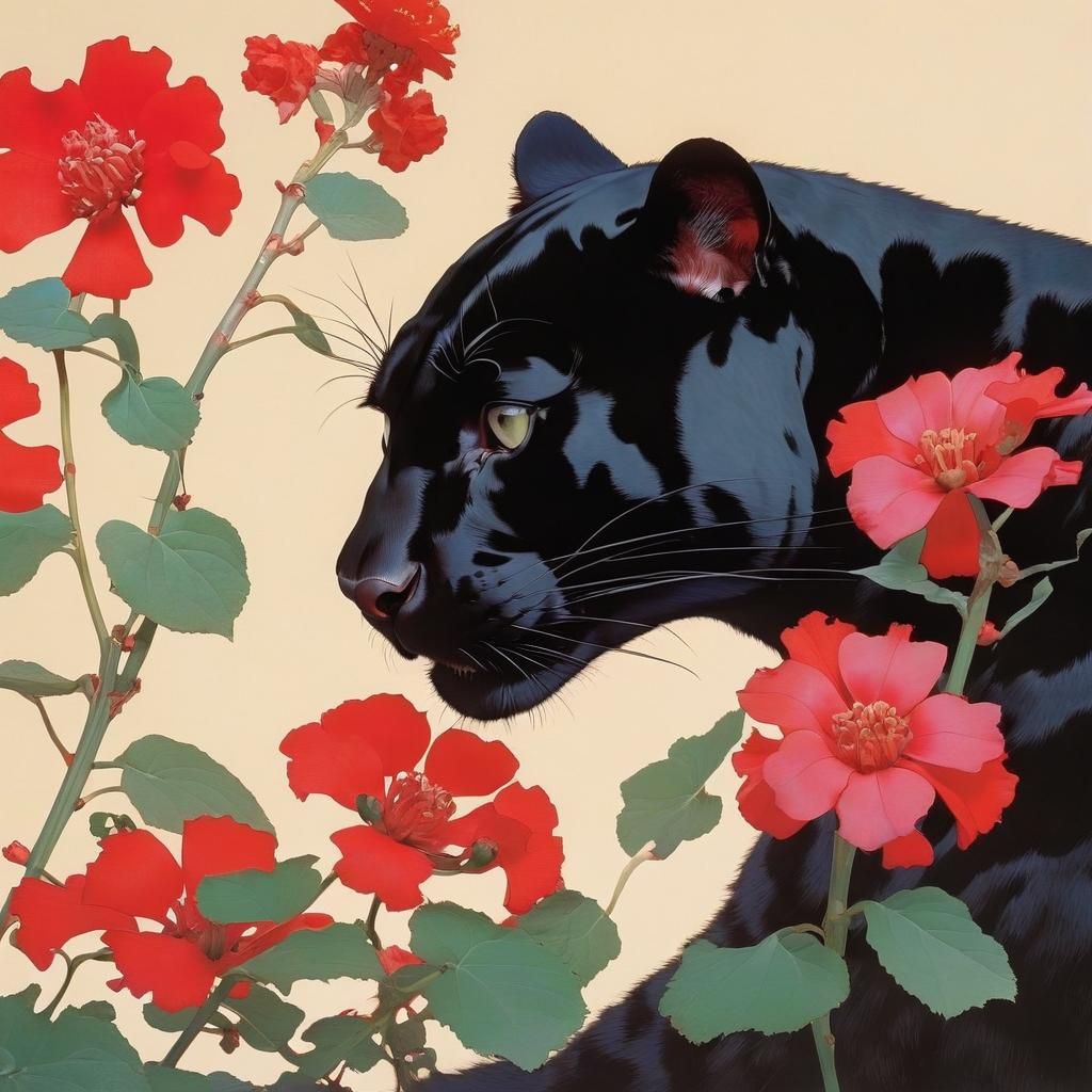 Panther with Flowers in an Anime-Comic Style