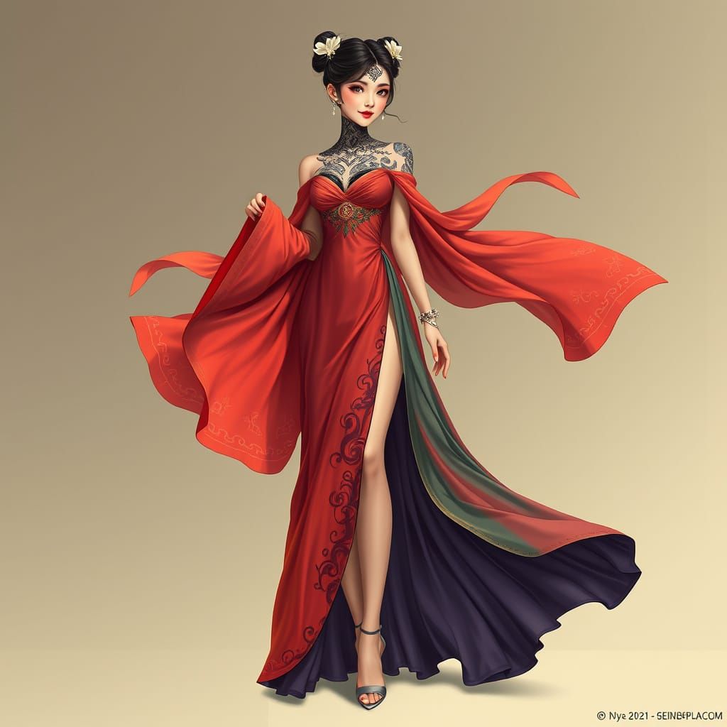 Elegant Korean Woman in Flowing Dress, Art Nouveau Style