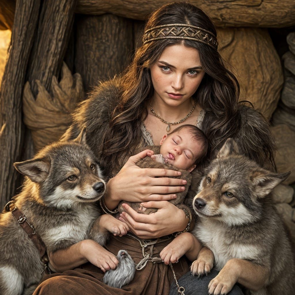 Viking Mother with Newborn and Wolf Cubs