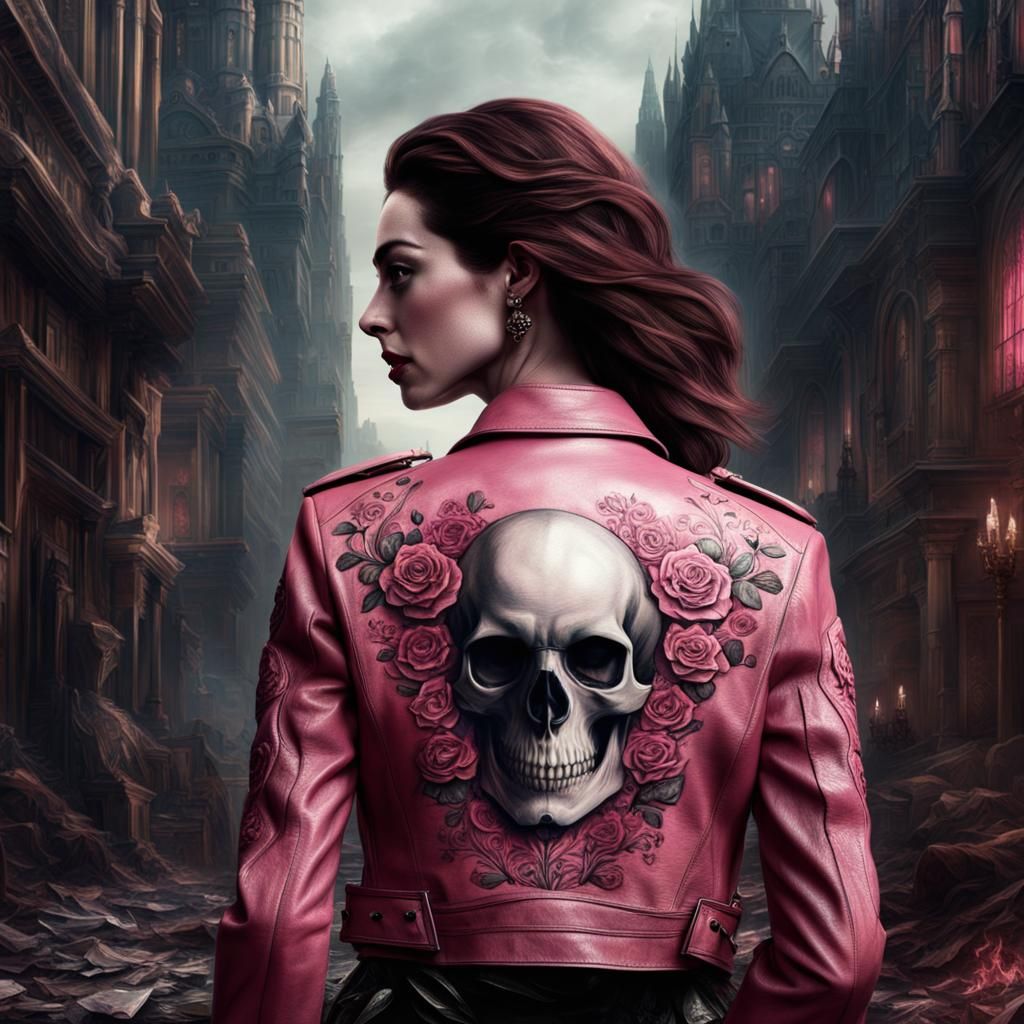 Anne Hathaway in Pink Leather Jacket: Digital Painting