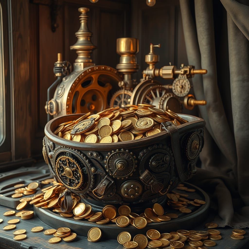 Steampunk Treasure Hoard in Intricately Carved Wooden Bowl