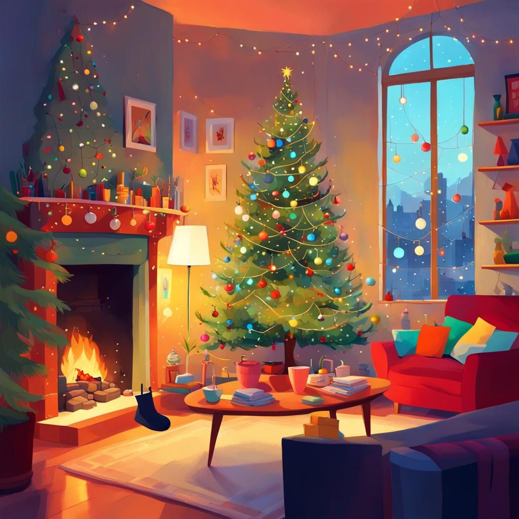 Whimsical Christmas Living Room with Cozy Fireplace