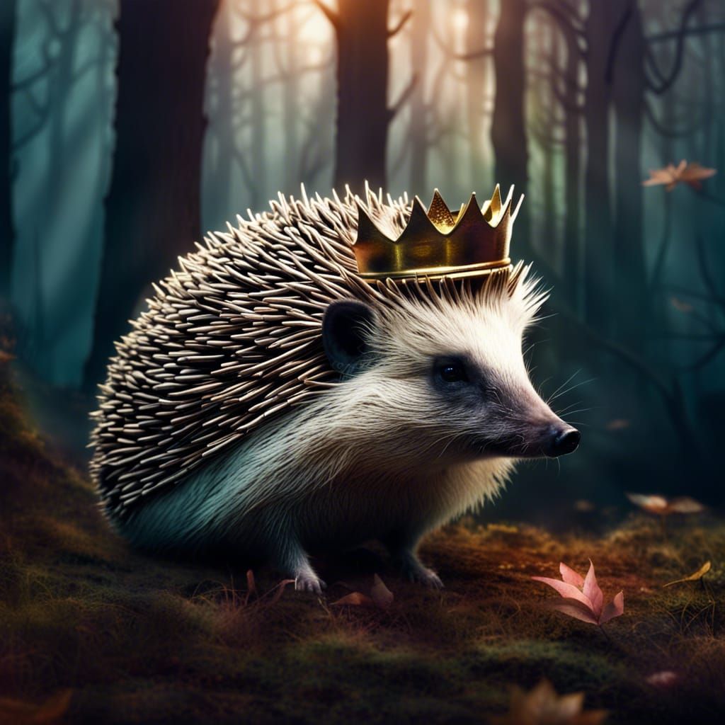 Crowned Hedgehog in Magical Forest, Hyperrealistic Image