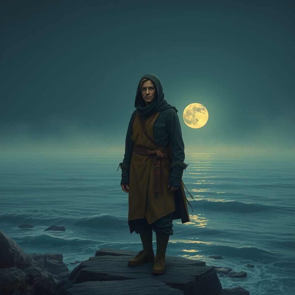 Nostalgic Figure at Moonlit Sea, in Retro Sci-Fi Style