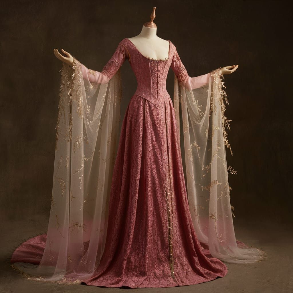 Elegant Lace Pink Medieval Gown on Dress Form