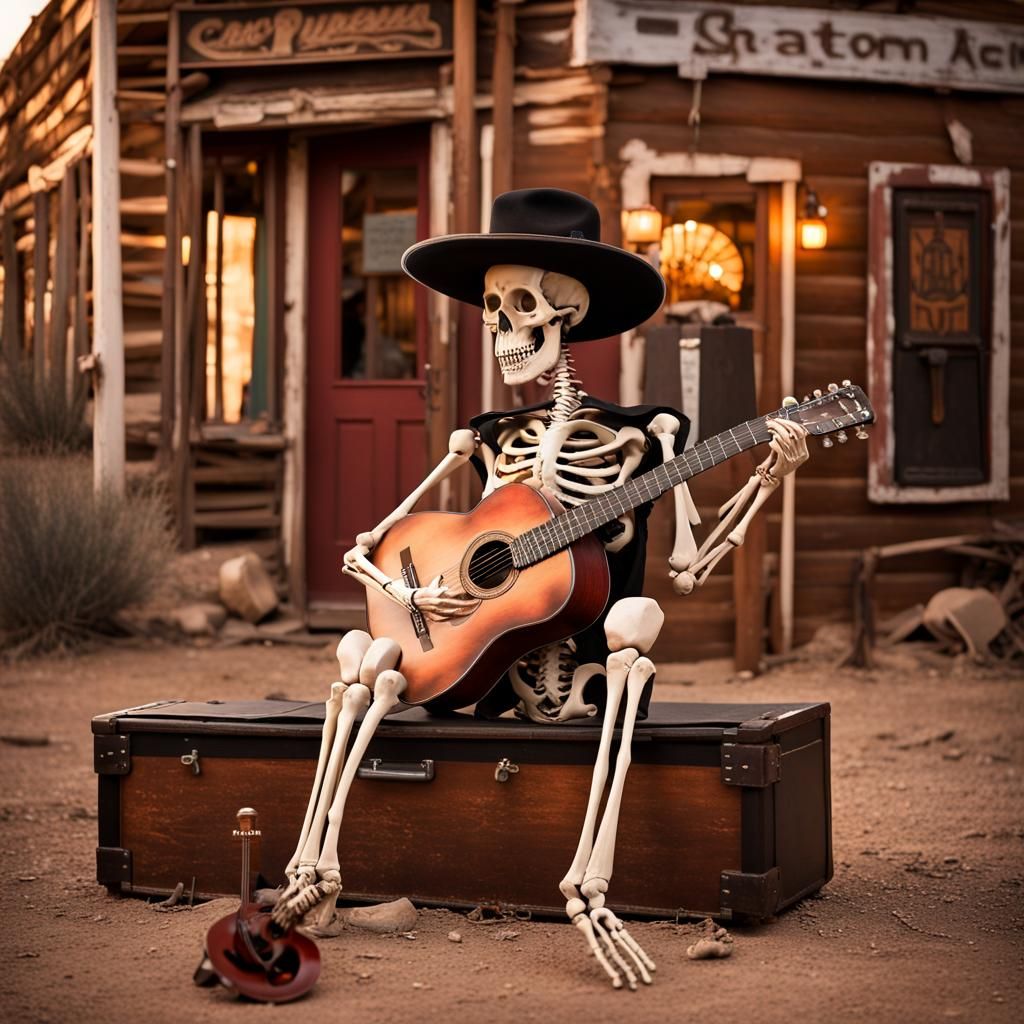 Skeleton Cowboy Serenade at Sunset