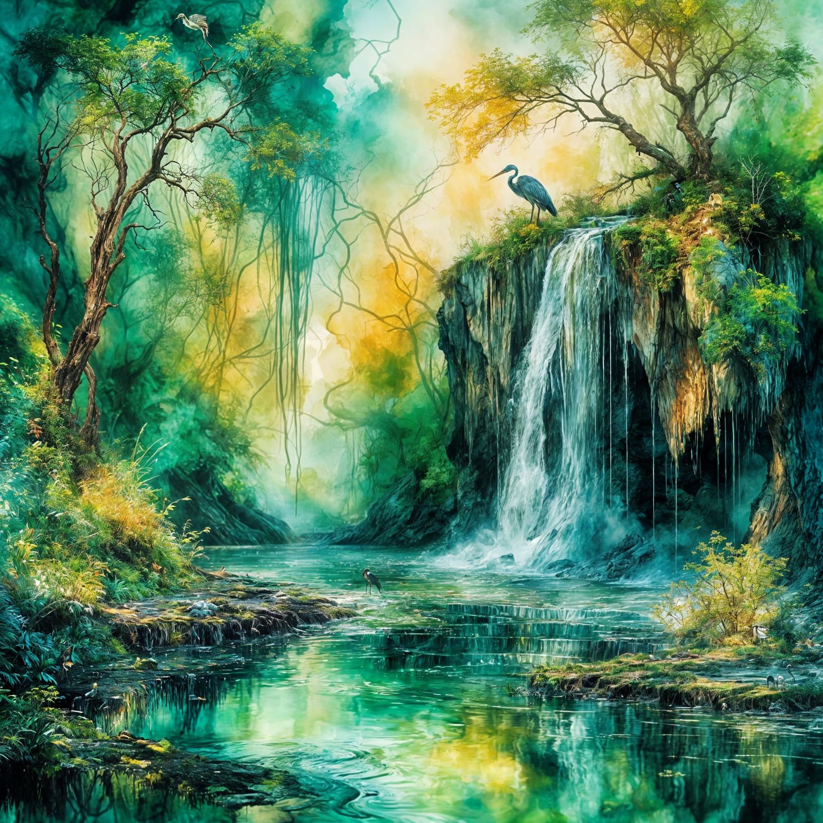 Marsh Sunset with Heron, Alcohol Ink Art