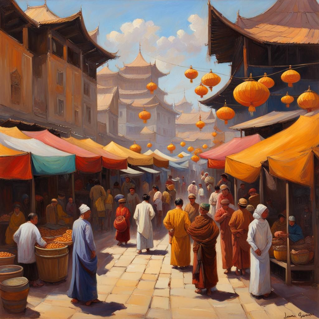 Lively Asian Marketplace: Oil Painting