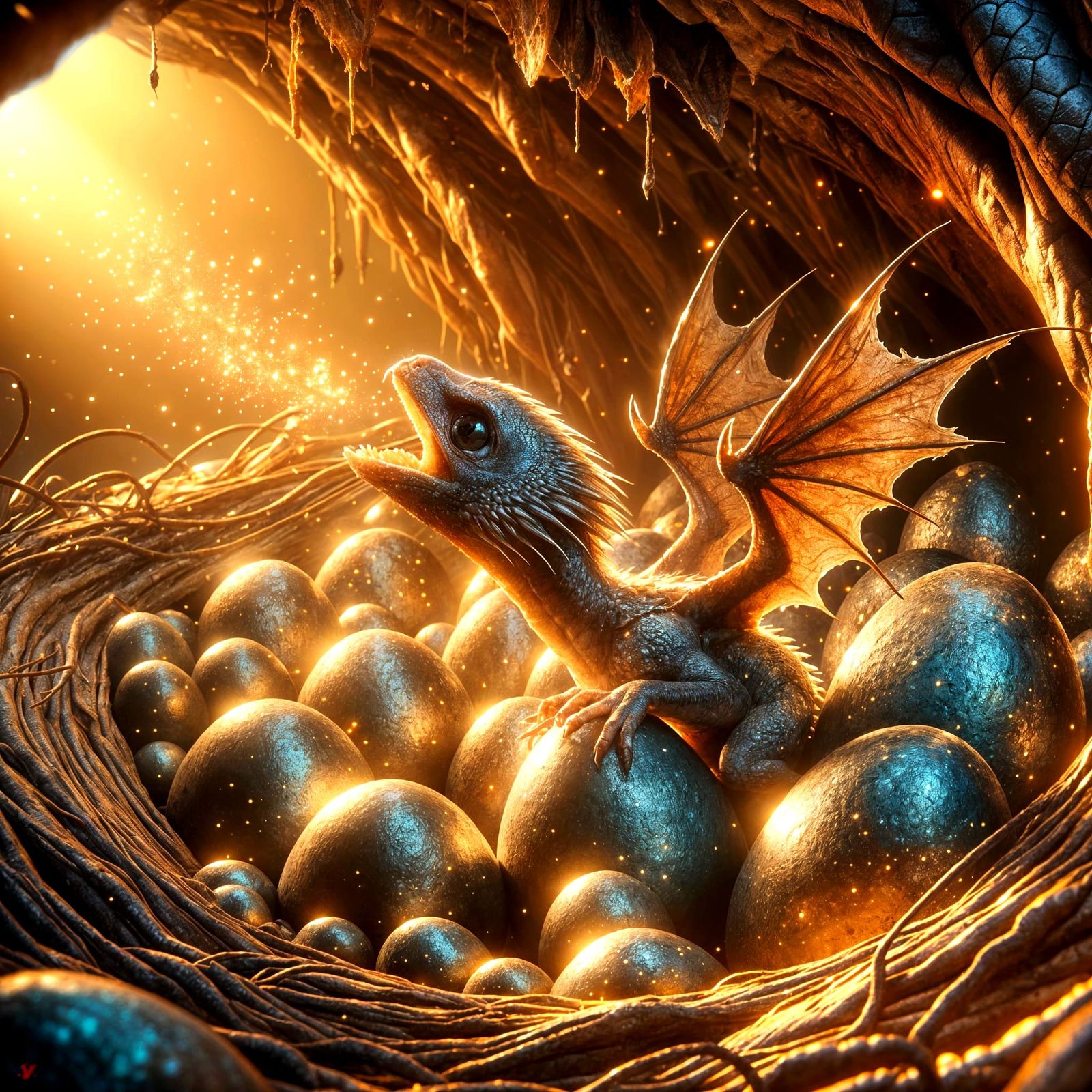 Baby Dragons Hatching from Eggs as Matte Painting