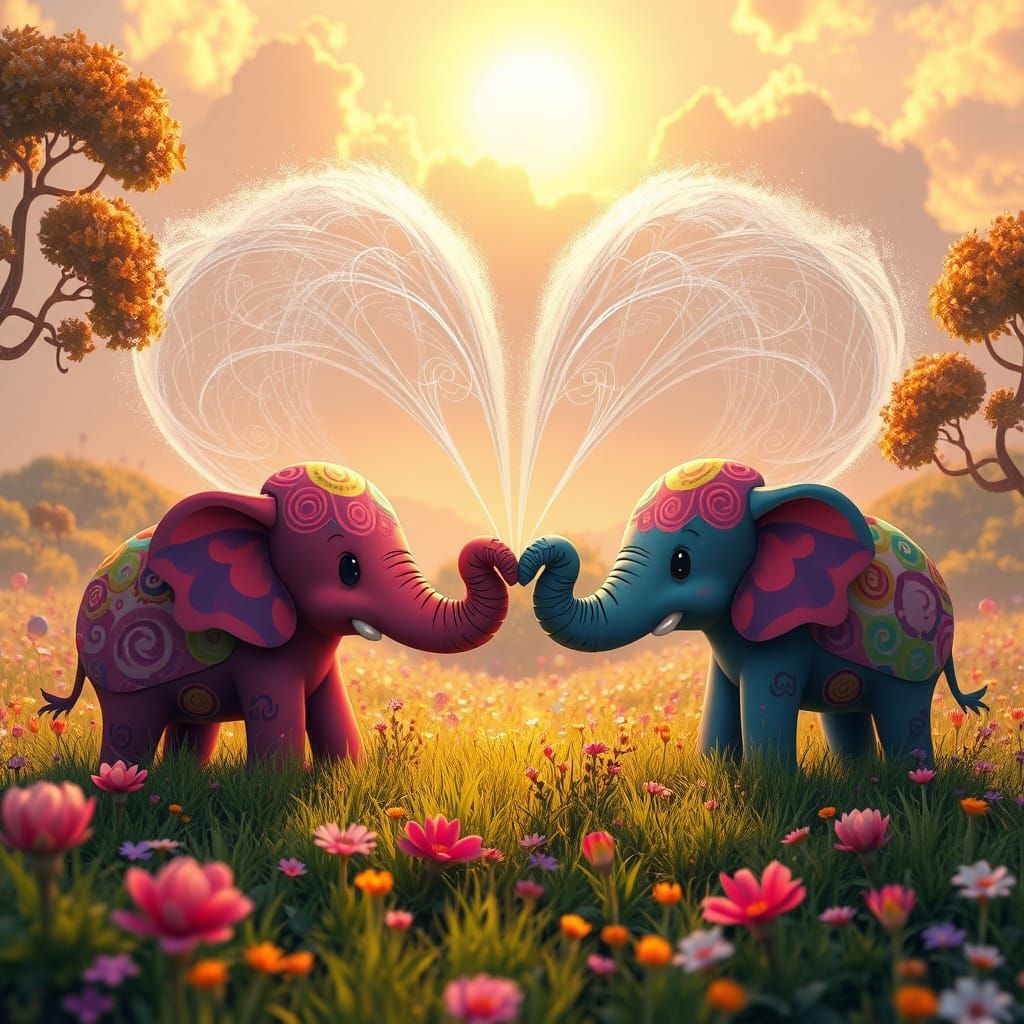 Vibrant Cartoon Elephants Spray Heart-Shaped Water in Whimsi...