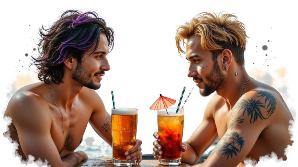 Wizard and Friend Enjoy Beach Bar with Beer and Cocktail