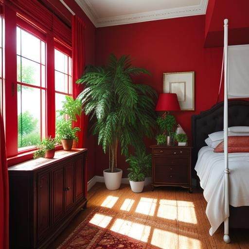 Red Bedroom Oasis with Natural Lighting