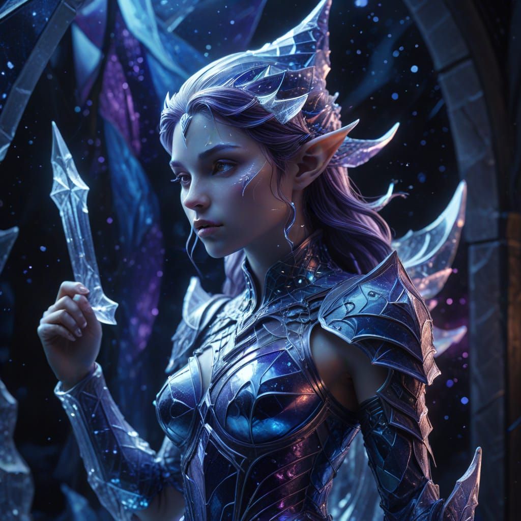 Ice Warrior Elf Sculpture Under Starry Night Sky