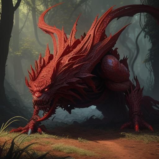 Crimson Lash Plant Creature in Dark Fantasy Landscape