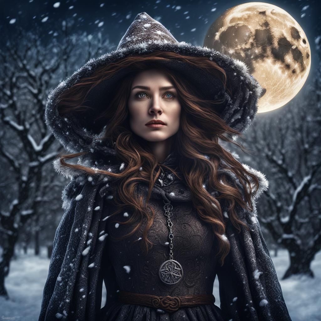 Snow Witch with Swirling Snow and Moon