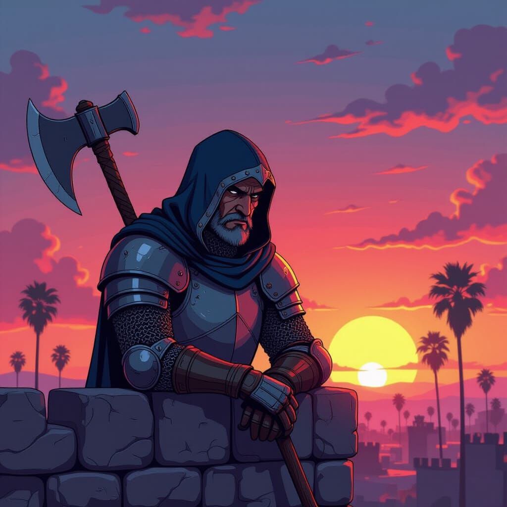 Tired Knight Leaning on Axe at Sunset