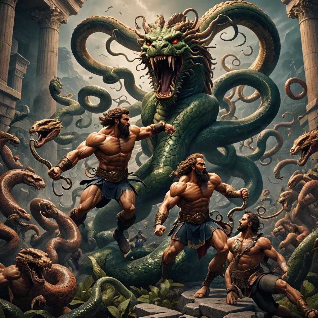 Hercules Battles the Hydra: Detailed Fantasy Art