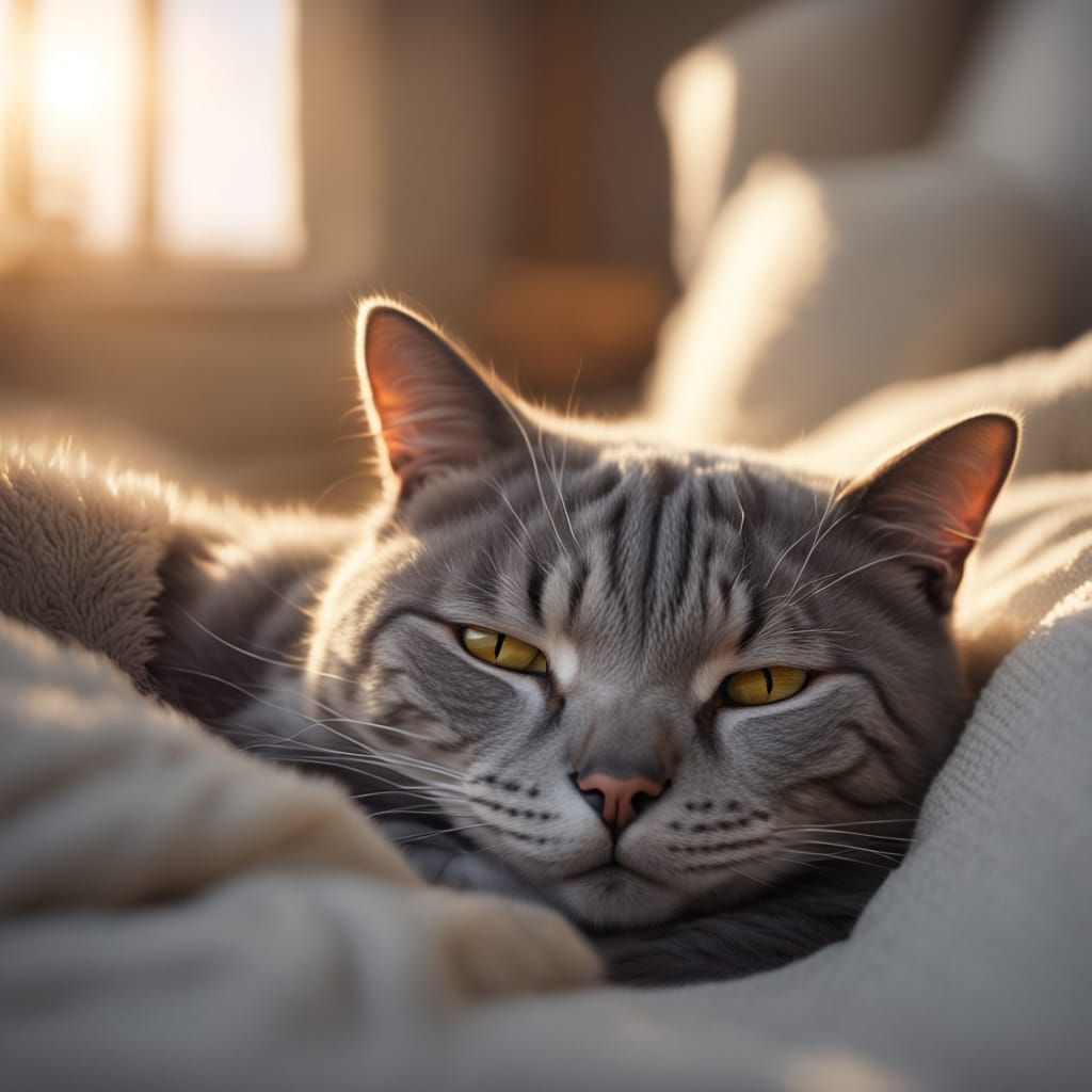 Photorealistic Gray Cat Sleeping in Golden Hour Light