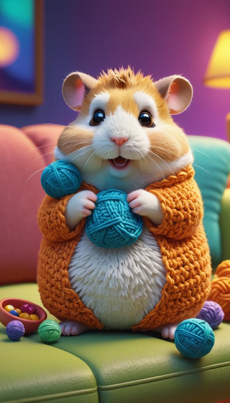 Fluffy Hamster Crocheting on Couch: 3D Digital Art