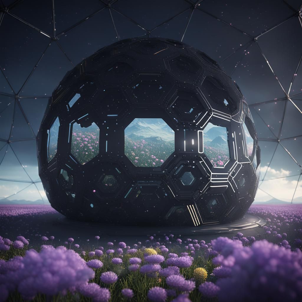 Futuristic Geodesic Dome in Flower Field: Sci-Fi Art
