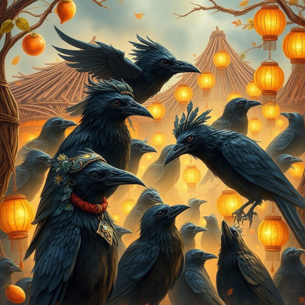 Whimsical Crow Village Festival in Vibrant Autumn Hues