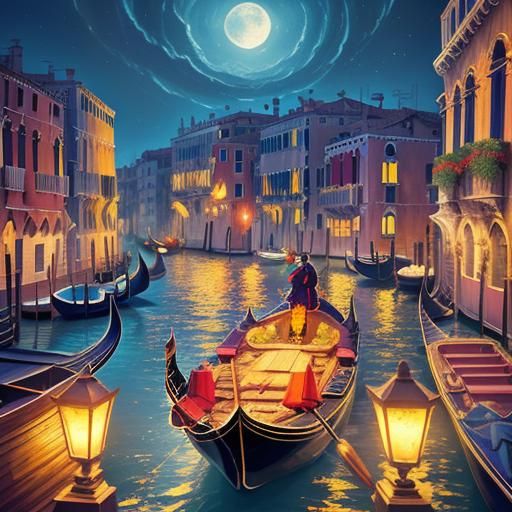 Mystical Venice Gondola at Night: Dreamlike Oil Painting