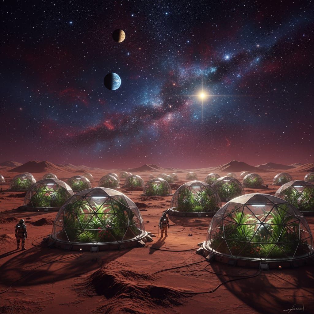 Mars Colonization: Bio-Domes Under Starry Night Sky