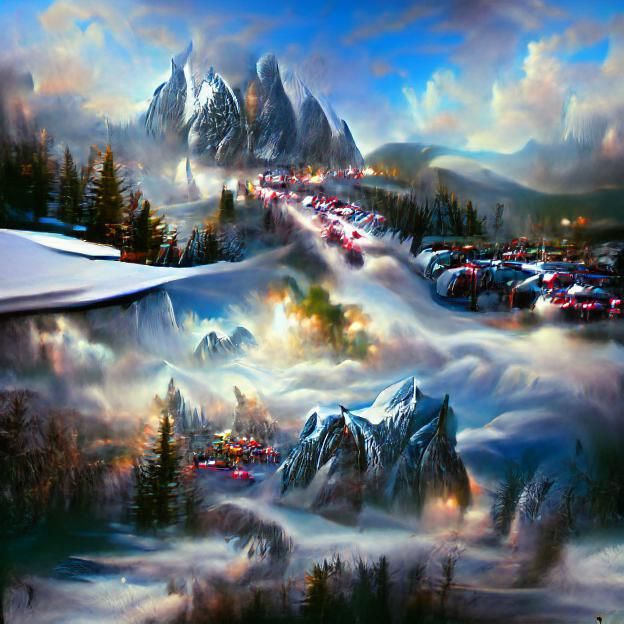 Snowy Mountains and Ski Resort in Digital Painting
