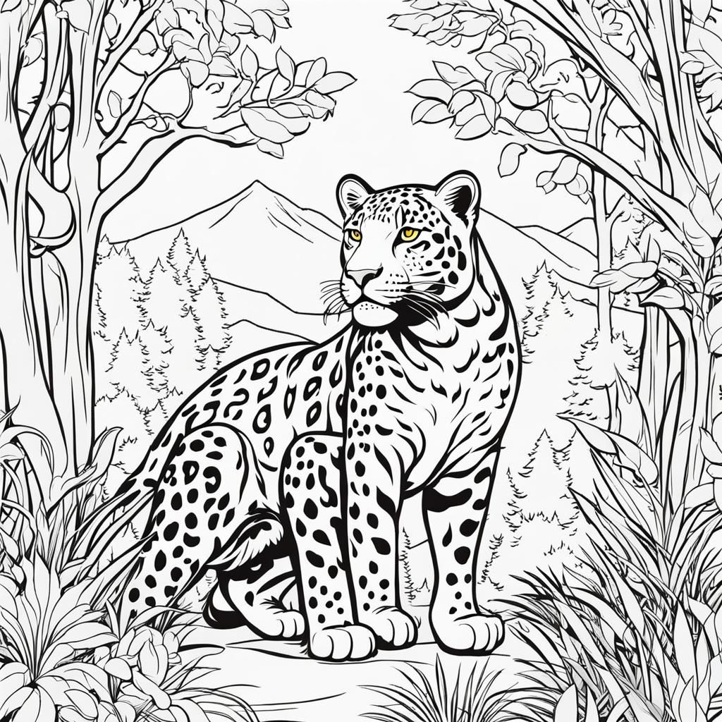 Jaguar in Forest: Black and White Coloring Page