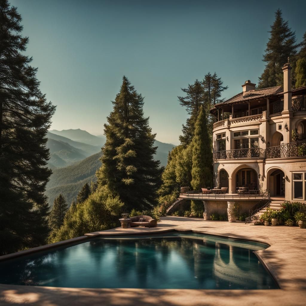 Mansion Backyard with Pool and Treehouse: Photography