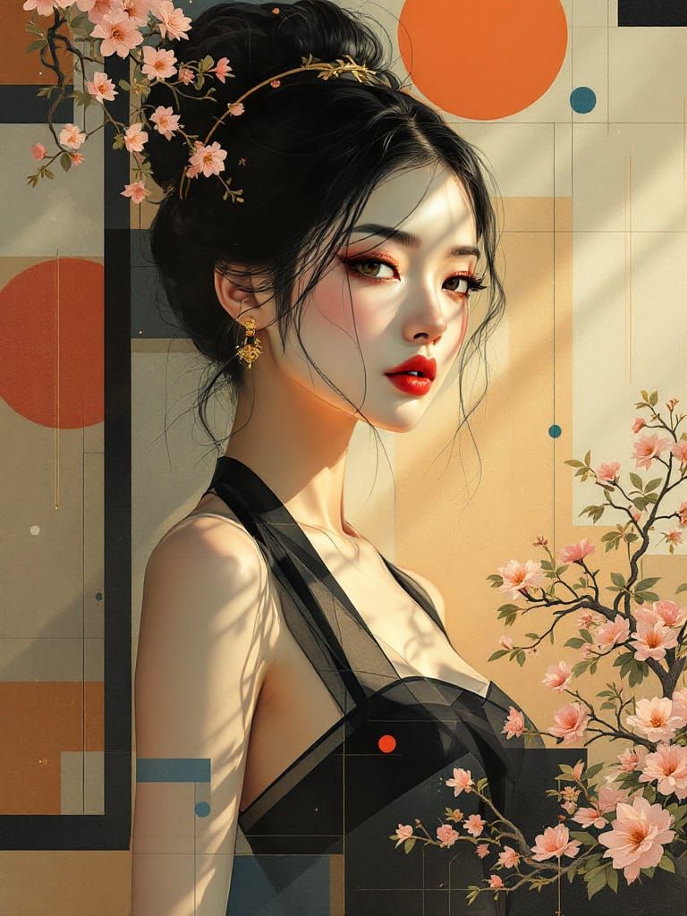 Abstract Pin-Up Fusion with Garden and Geometric Art