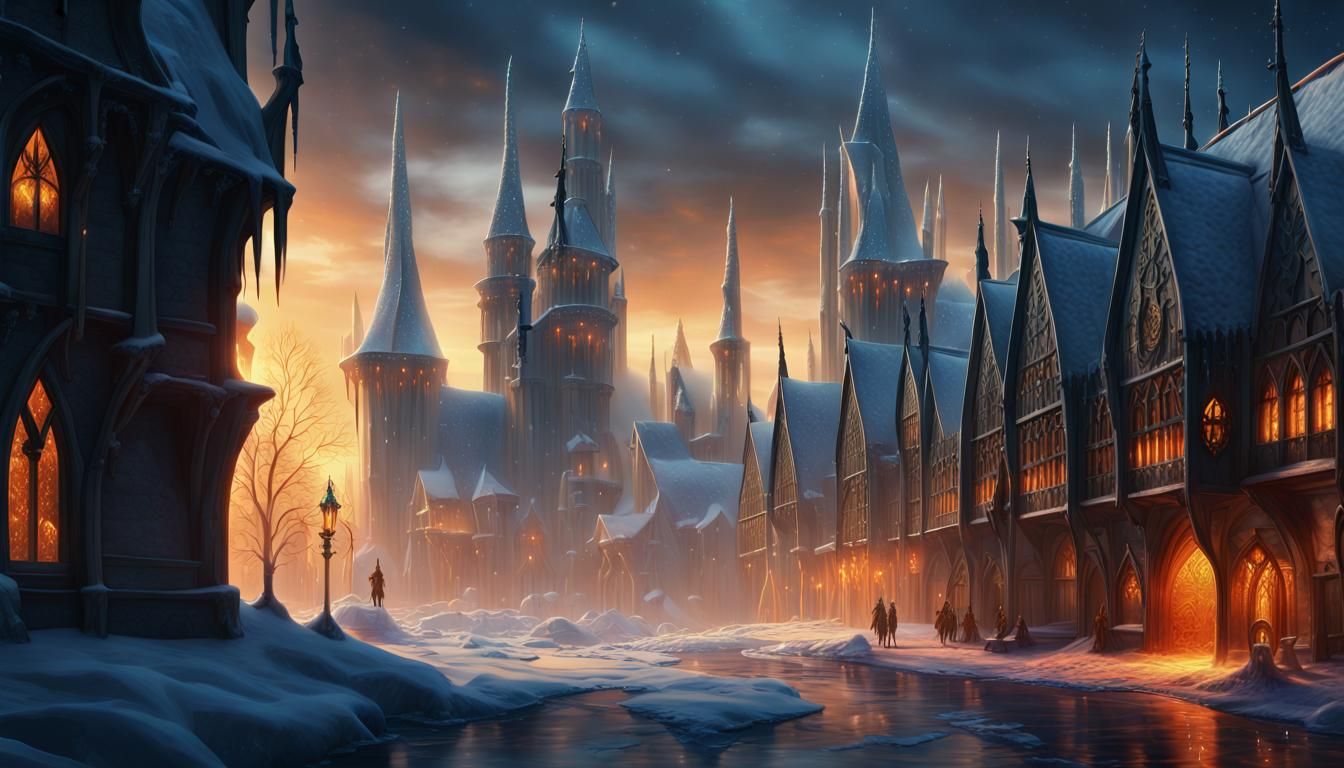 Icy Gothic Cityscape at Sunset: Fantasy Matte Painting