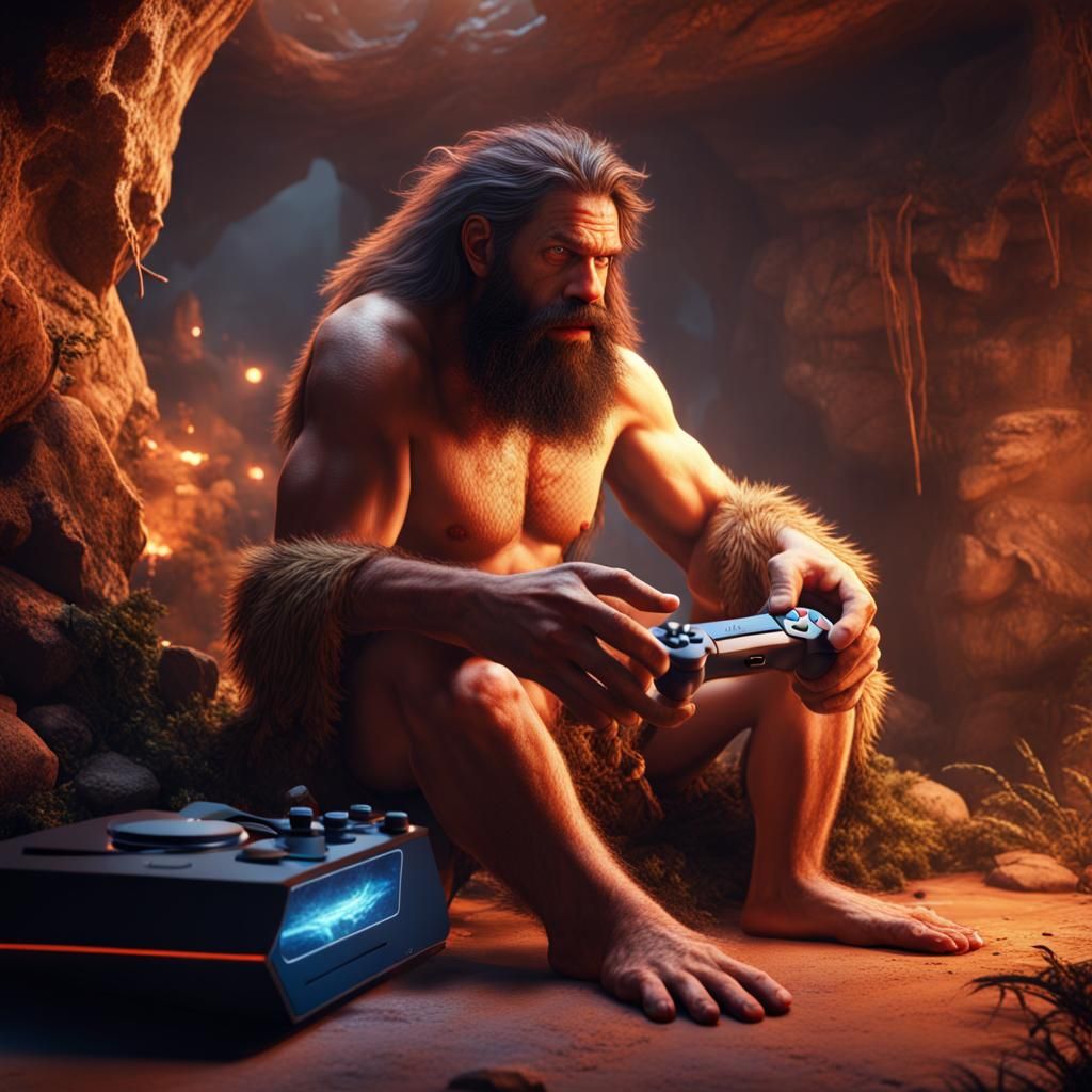 Caveman Plays PlayStation in Detailed Matte Painting