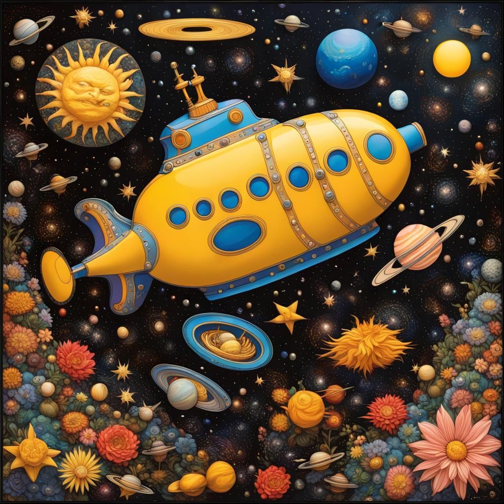 Yellow Submarine Floats Through Space Galaxy