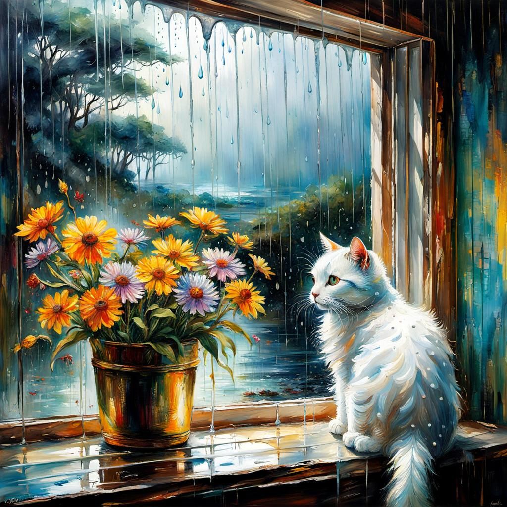 Rainy Day Beach View with Cat, as Impasto Oil Painting