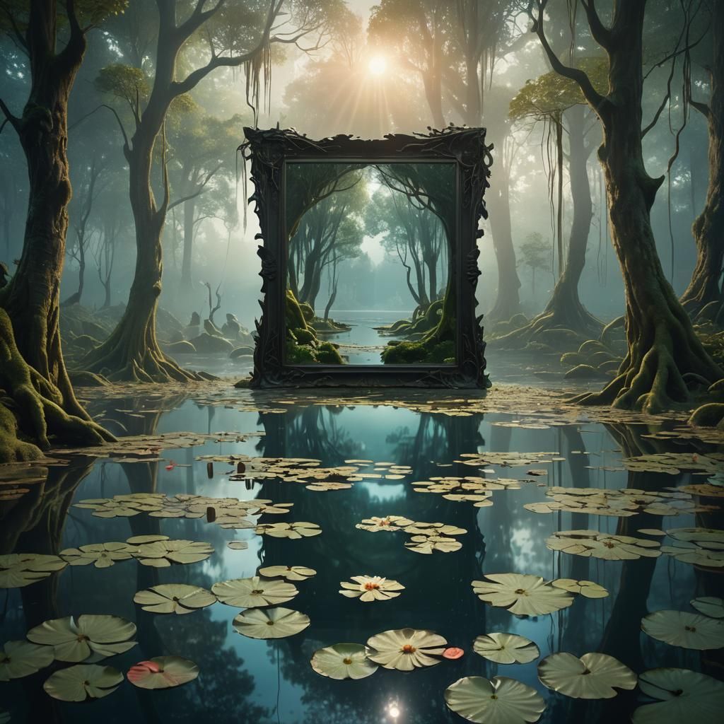 Lake Emerging from Mirror in Mystical Forest