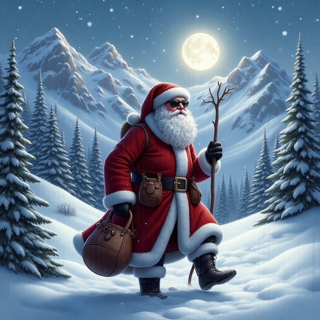 Hyperrealistic Santa Claus in Snowy Mountain Landscape