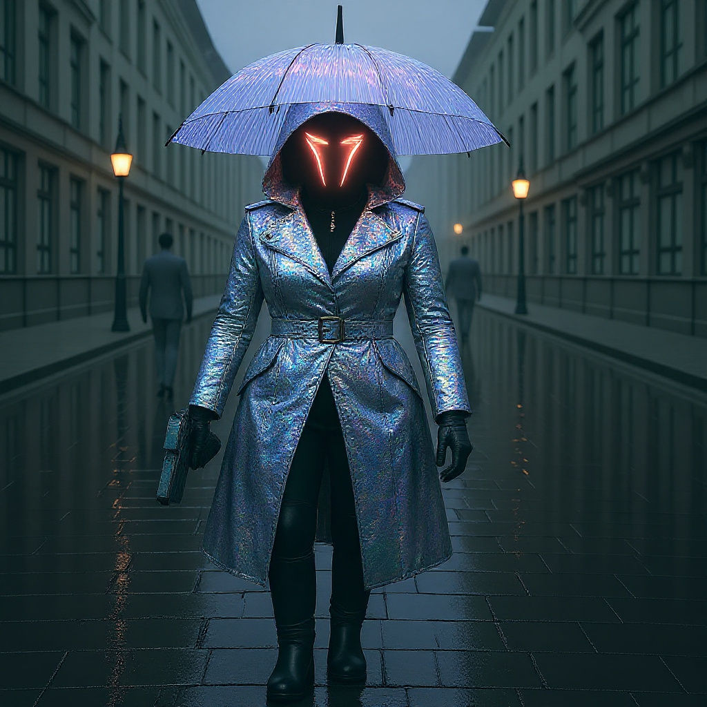 Masked Robot Woman in Noir Style with Holographic Umbrella