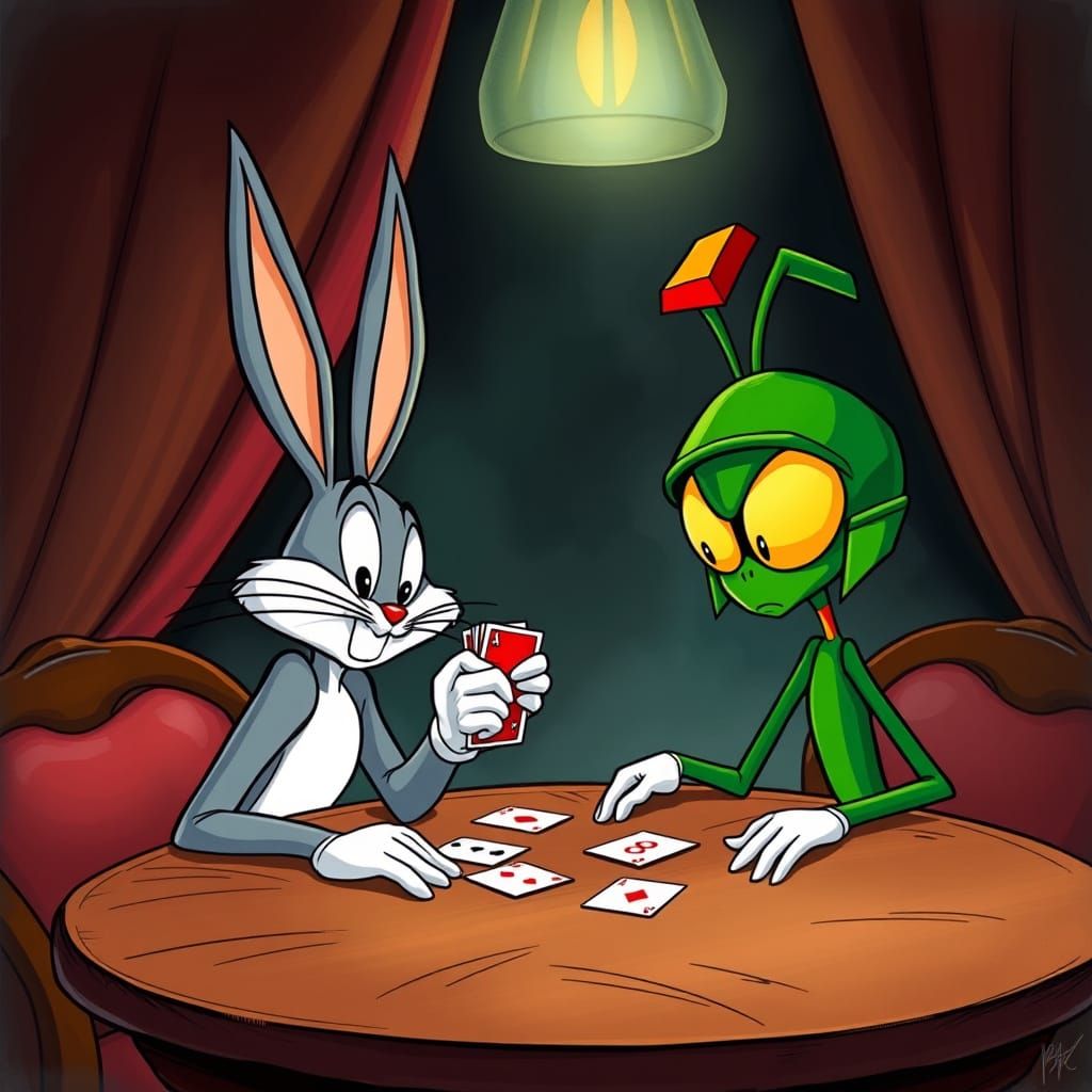 Classic Cartoon Characters Play Cards in a Smoky Underground...