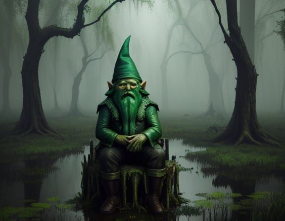 Awkward Gnome in Dim Swamp Mist