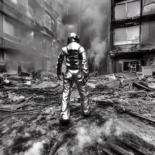 Chrome Spacesuit in Burning City, Gritty Photography