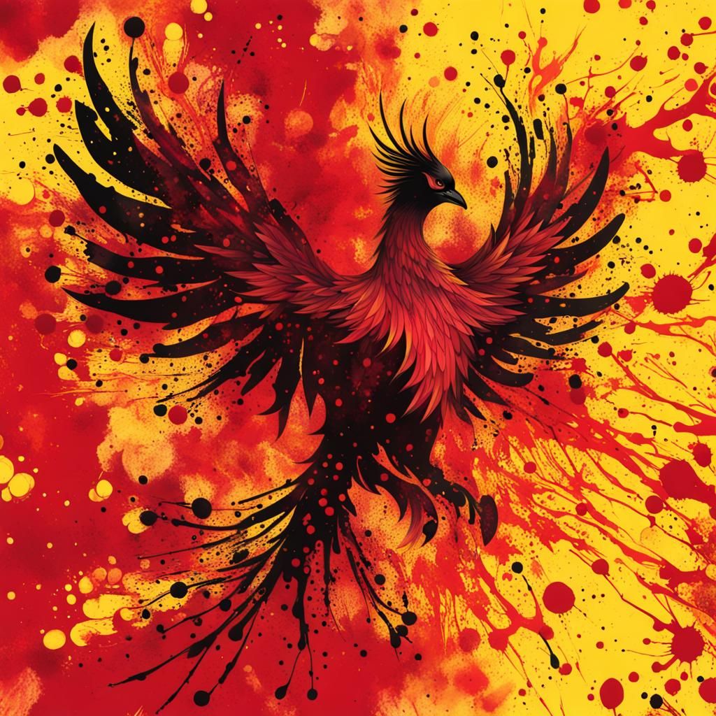 Fiery Ink Splatter Phoenix in Red and Yellow
