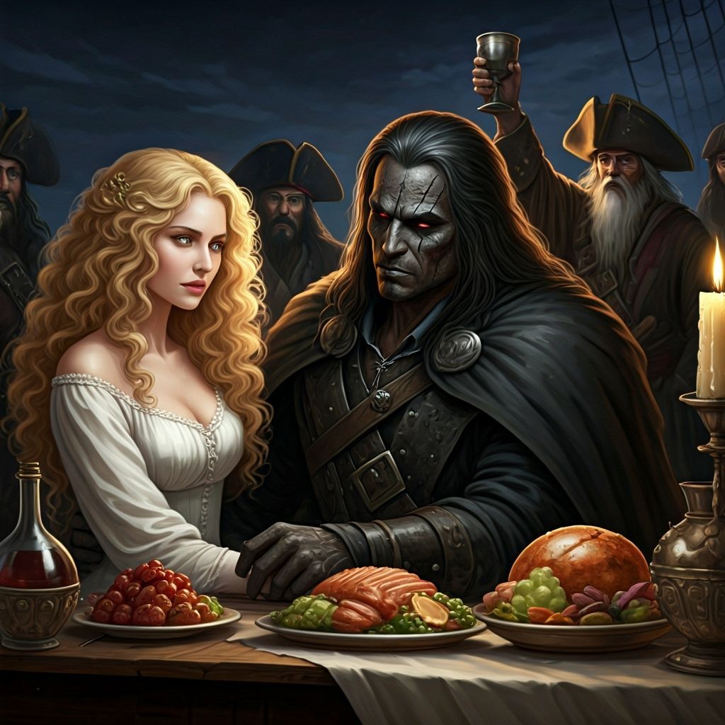 Dark Man Gazes at Woman on Pirate Ship Deck