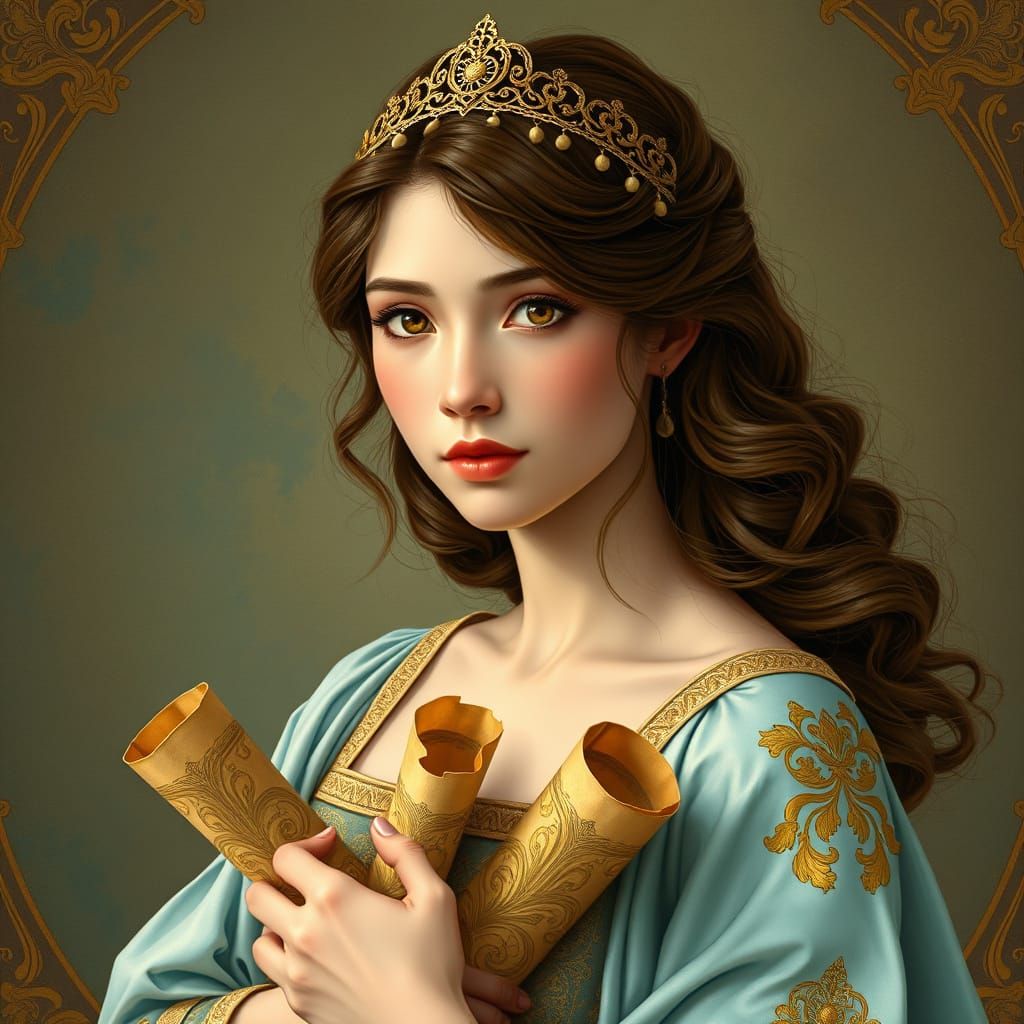 Medieval Woman with Scrolls in Art Nouveau Style