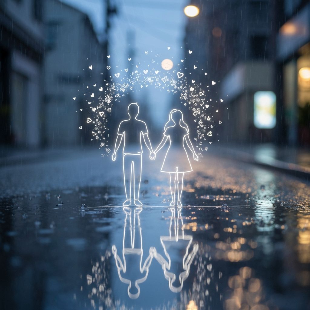Romantic Couple Drawing in Rain: Whimsical Twilight Scene
