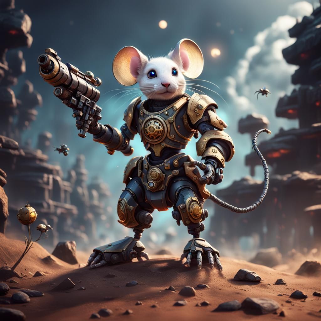 Adorable Robotic Mouse Warrior with Arm Cannon