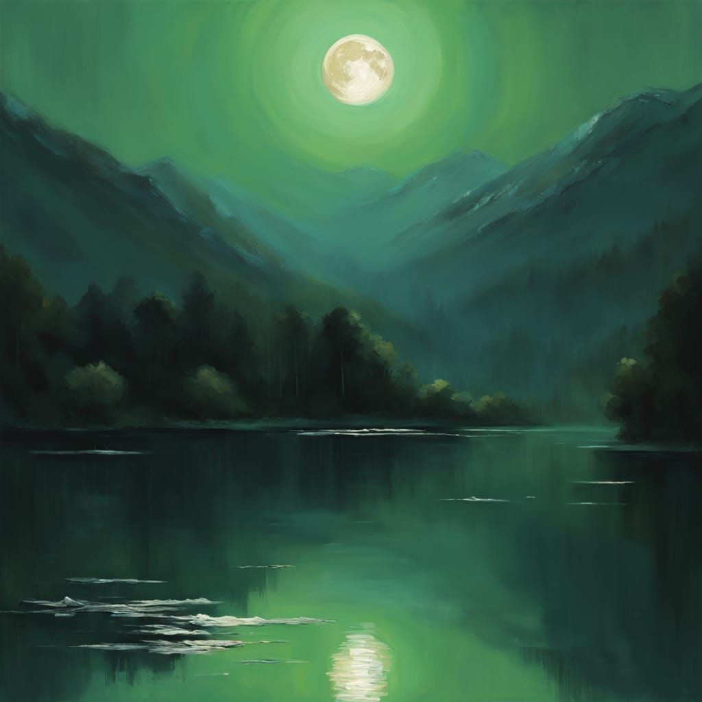 Green Lake Under Silver Moon as Impasto Painting