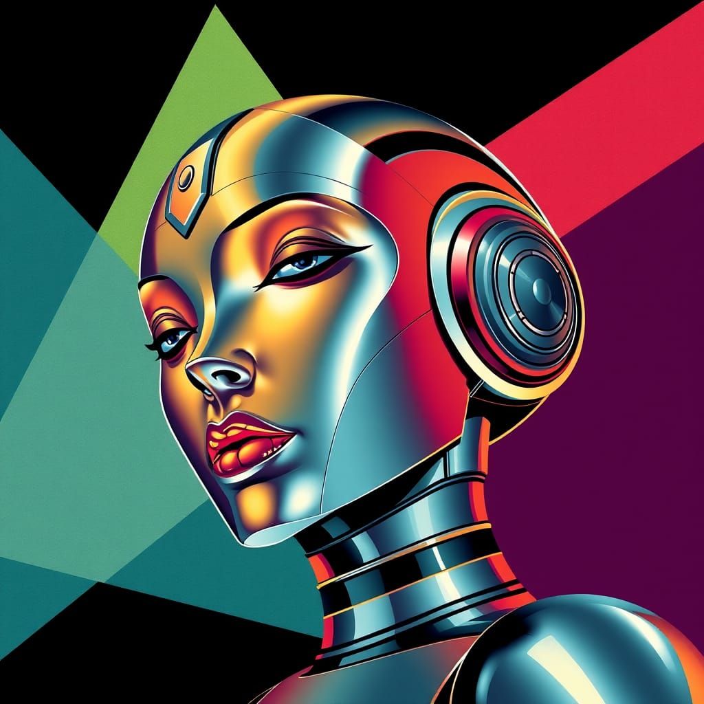 Art Deco Robot Illustration in Metallic Colors